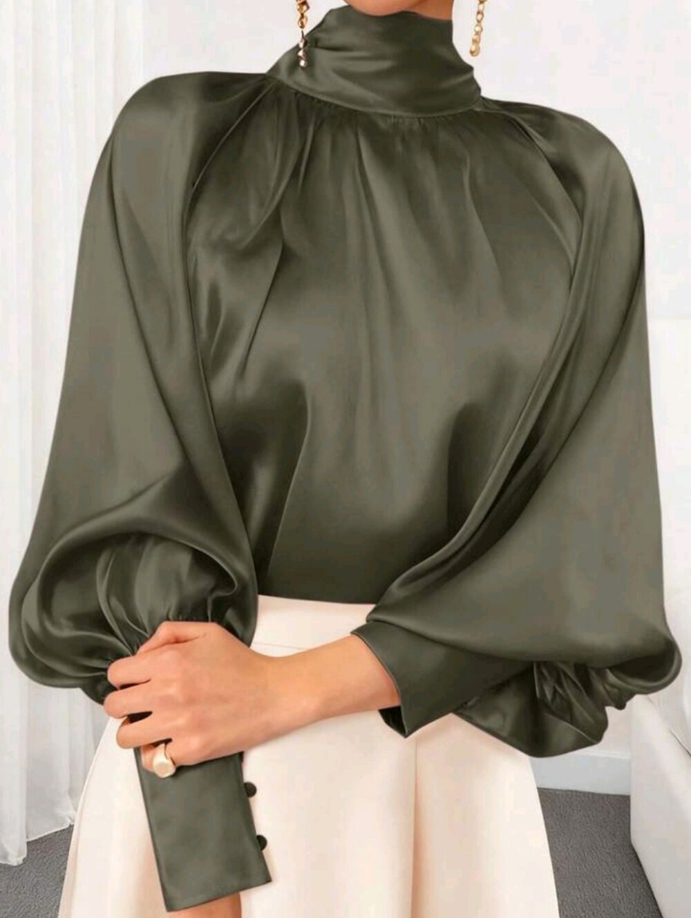 Women's Solid Color High Collar Lantern Sleeve Fashionable Modest Elegant Blouse